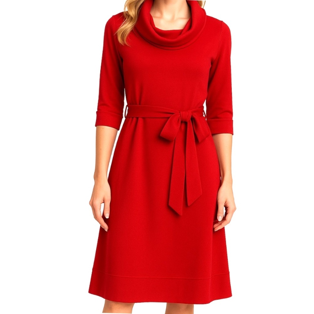 Shabby Apple Red Cowl Neck Belted Fit & Flare Dress XXS 3/4 Sleeve